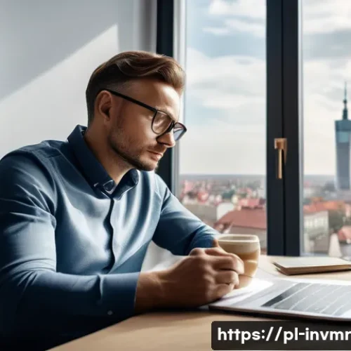 Home 25 장기 투자와 단기 투자 비교 - A calm, confident Polish investor sitting at a cozy home office desk with a laptop displaying long-t...