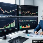 Home 18 장기 복리 투자에 대한 올바른 이해 - A professional Polish investor sitting at a modern desk with multiple screens displaying stock marke...