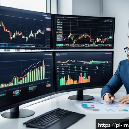 Home 30 장기 복리 투자에 대한 올바른 이해 - A professional Polish investor sitting at a modern desk with multiple screens displaying stock marke...