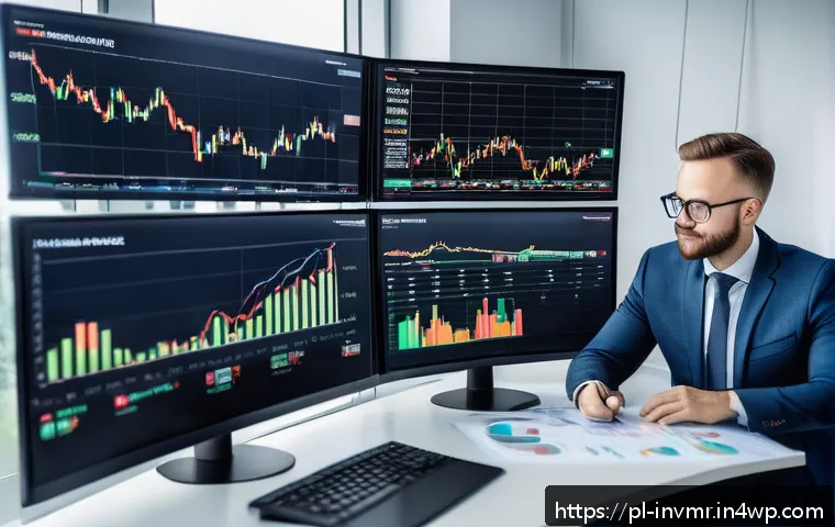 장기 복리 투자에 대한 올바른 이해 - A professional Polish investor sitting at a modern desk with multiple screens displaying stock marke...