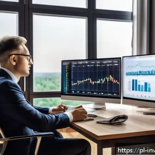 Home 17 장기 복리 투자 목표 설정하기 - A professional Polish investor sitting at a modern home office desk, surrounded by multiple screens ...