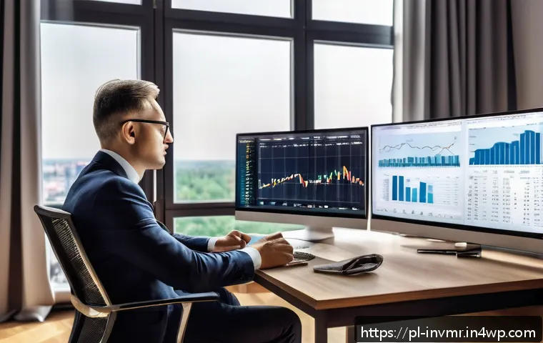 장기 복리 투자 목표 설정하기 - A professional Polish investor sitting at a modern home office desk, surrounded by multiple screens ...