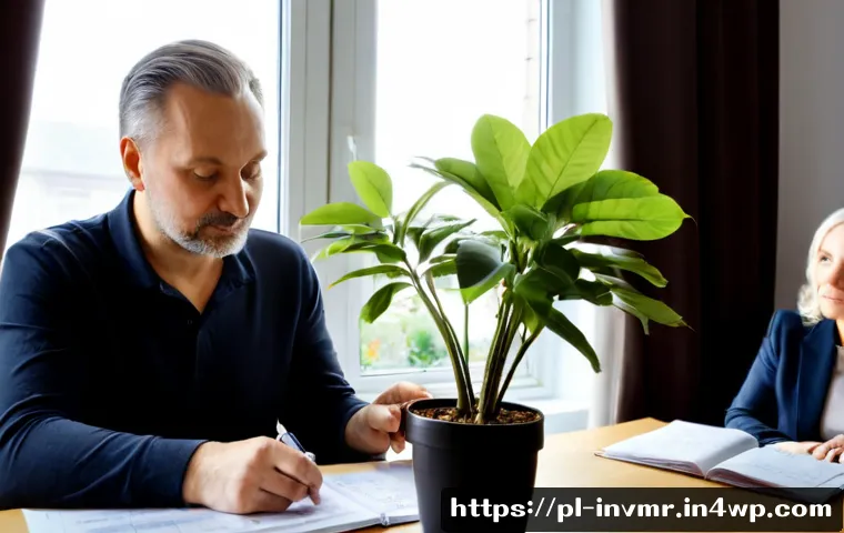Home 17 복리 투자에서의 세금 문제 - Photorealistic Polish couple in their late 50s reviewing long-term investment savings at a tidy home...