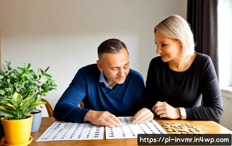 Home 17 복리 투자 성공 전략 - Photorealistic Polish couple in their late 50s reviewing a long-term investment plan at a bright, ti...